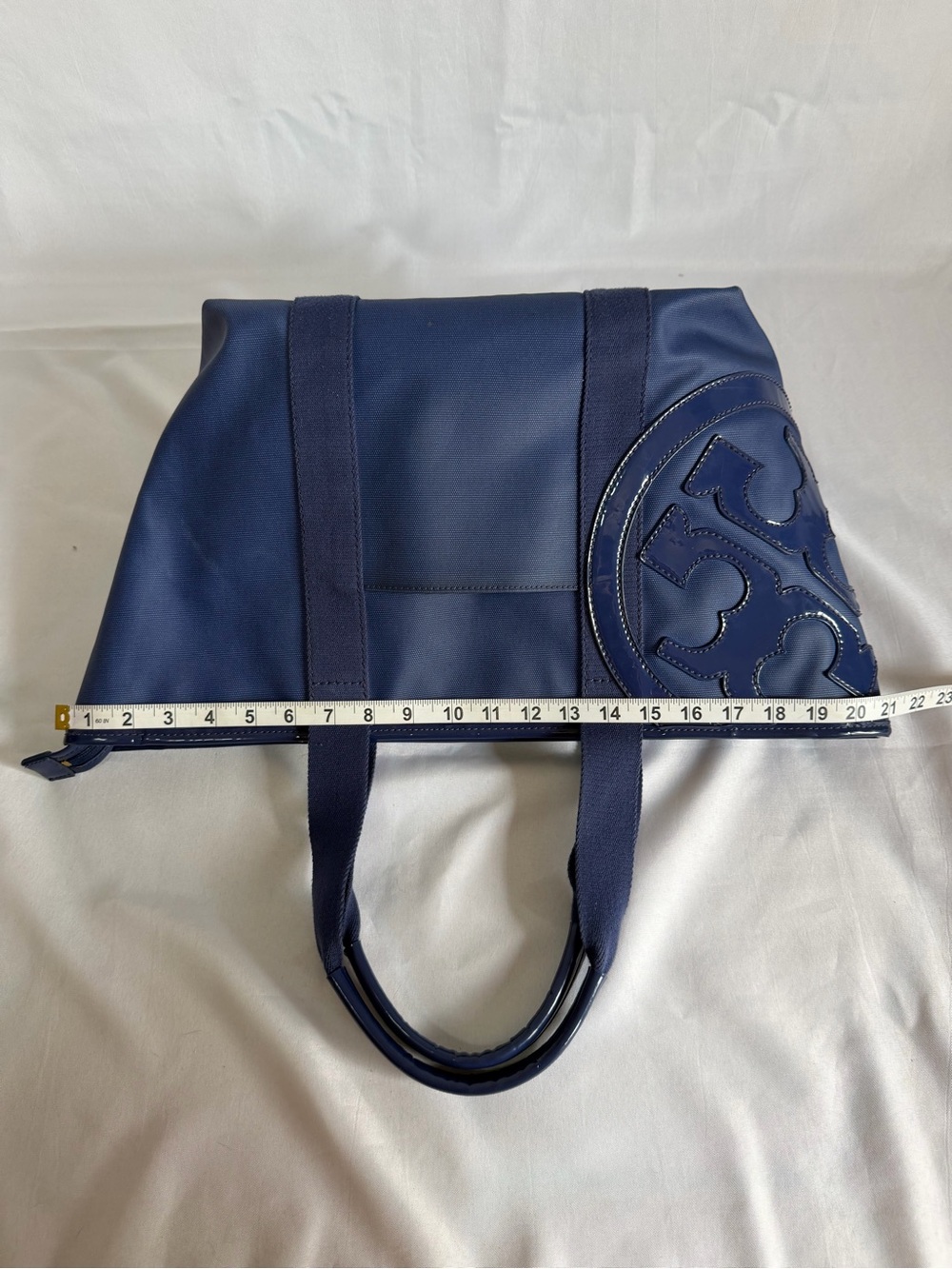 Tory Burch Navy Tote with Patent Logo Detail - Picture 8 of 10
